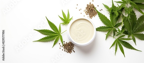 Cannabis seeds young hemp leaves CBD oil and empty cosmetic tub on white background For cosmetic treatment therapy. Copy space image. Place for adding text and design photo