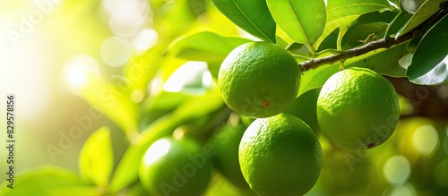 Ripe green limes on a tree have an acidic taste and are very sour commonly used in sauce recipes due to their freshness and high vitamin C content Includes a copy space image
