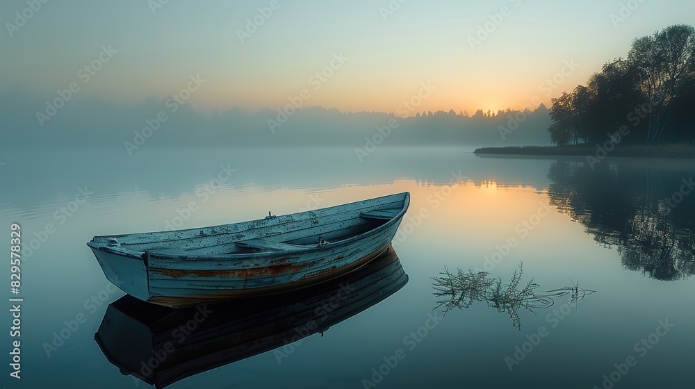 A lone boat floating on a tranquil lake, its silhouette mirrored in the still waters below. A lone boat floating on a tranquil lake, its silhouette mirrored in the still waters below.