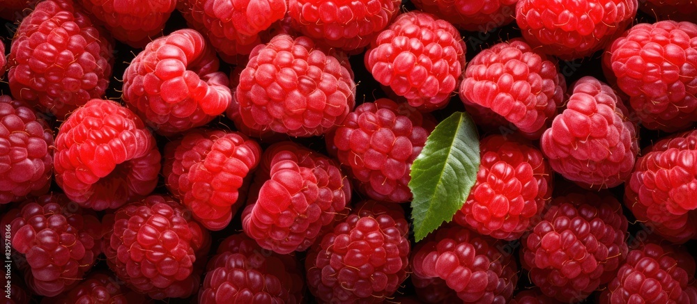 Close up top view of a delicious raspberry heap forming a textured background with copy space image Close up top view of a delicious raspberry heap forming a textured background with copy space image