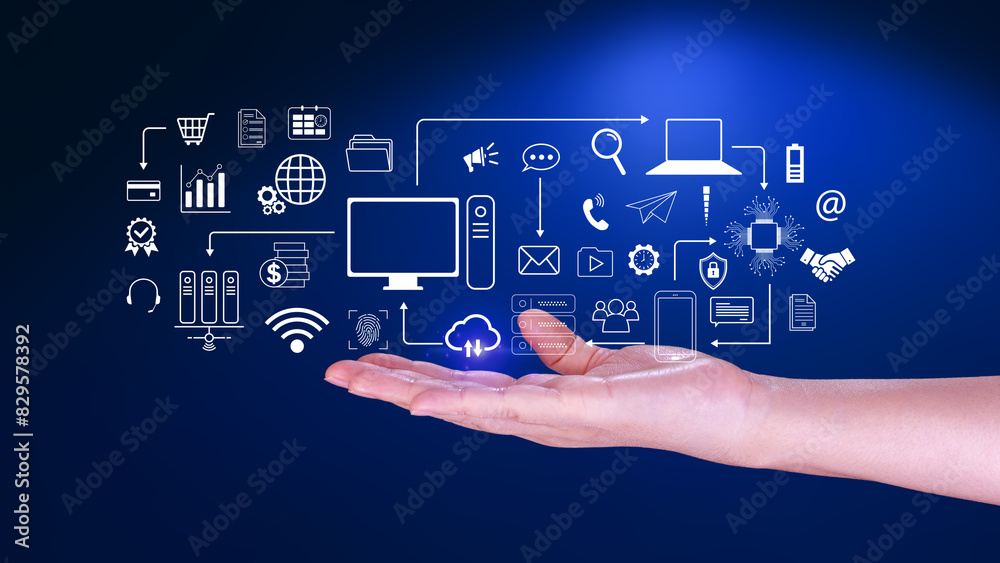Businessman using technology equipment and line interface icons, Computer system resources and data storage, Cloud service technology marketing and business concept. Businessman using technology equipment and line interface icons, Computer system resources and data storage, Cloud service technology marketing and business concept.