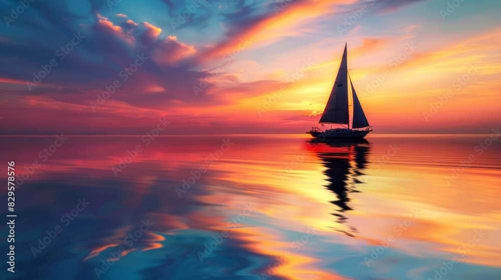 Silhouetted sailboat against a vibrant sunset sky.