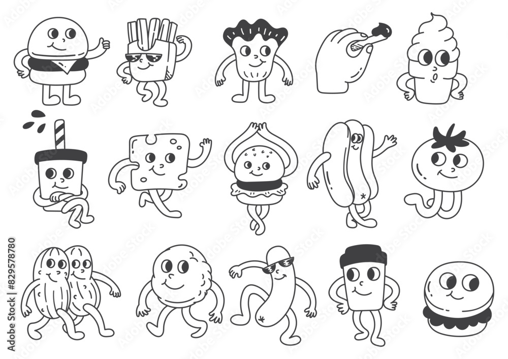 Fototapeta premium Cartoon Fast Food Characters Collection Doodle Line Art