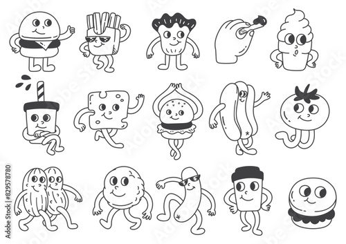 Cartoon Fast Food Characters Collection Doodle Line Art