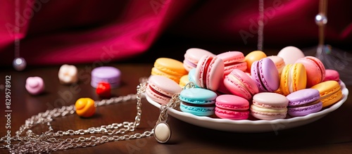 A vibrant assortment of macarons and an elegant silver necklace with an initial pendant perfect for showcasing in e commerce online sales social media or jewelry promotions with copy space image photo