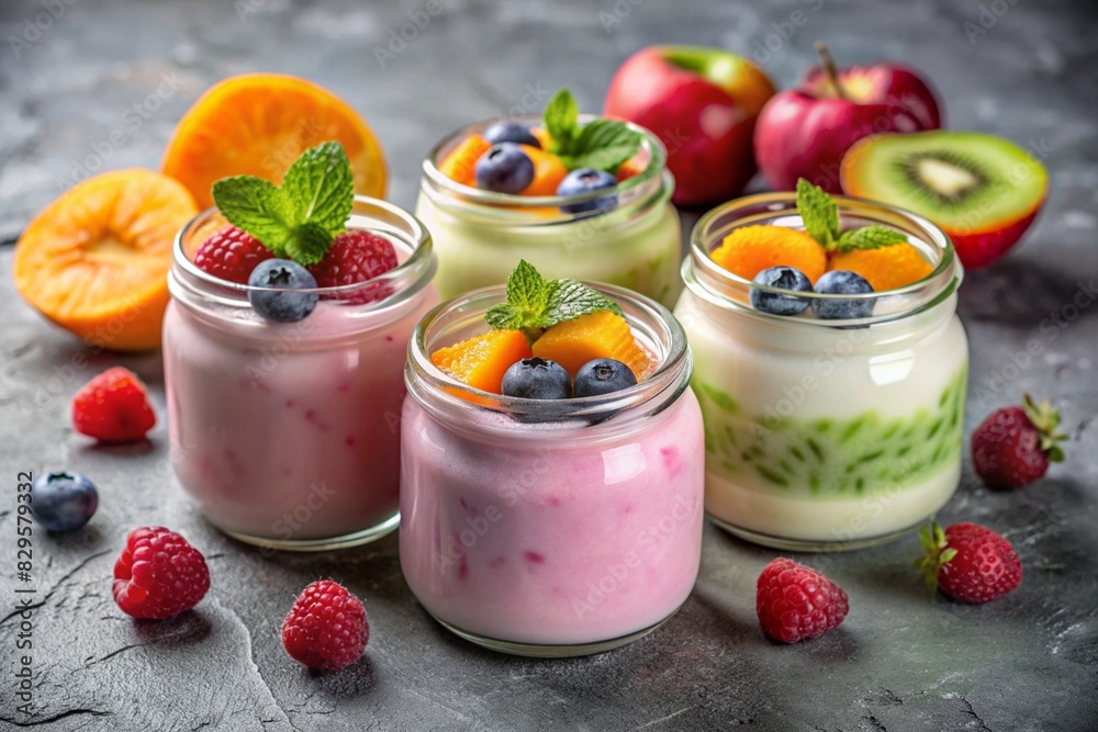 A healthy, healthy breakfast. A variety of homemade yogurt with various fresh berries and fruits in glass jars on a stylish gray background. A healthy, healthy breakfast. A variety of homemade yogurt with various fresh berries and fruits in glass jars on a stylish gray background.