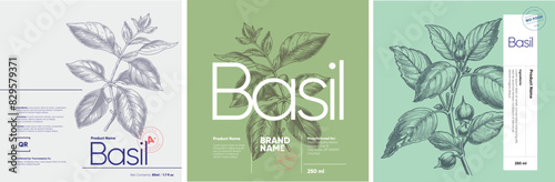 Three elegant labels showcasing basil plant illustrations in an engraving style, set against pastel-colored backgrounds with prominent, stylish typography. photo
