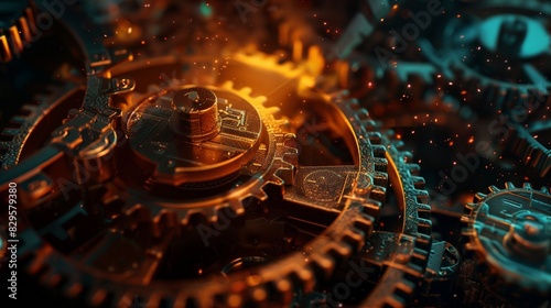 The Rust programming language concept, featuring dark, rusty interlocking gears illuminated by vibrant orange light accents, symbolizing efficiency and innovation.