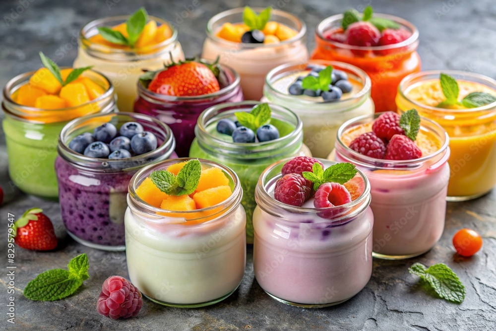 A healthy, healthy breakfast. A variety of homemade yogurt with various fresh berries and fruits in glass jars on a stylish gray background. A healthy, healthy breakfast. A variety of homemade yogurt with various fresh berries and fruits in glass jars on a stylish gray background.