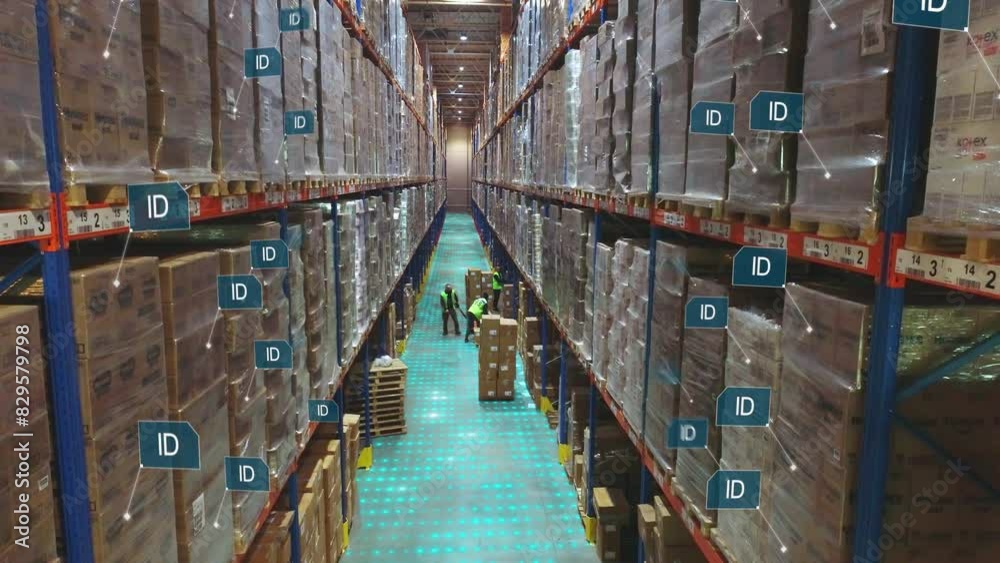 The appearance of plates with ID of goods in the warehouse. Product scanning process. Scanning product IDs in a modern warehouse. Artificial intelligence analyzes the goods in the warehouse.