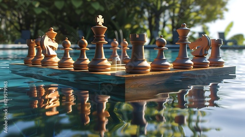 A pool with a floating chess set, where the pieces are water-resistant and move with the current