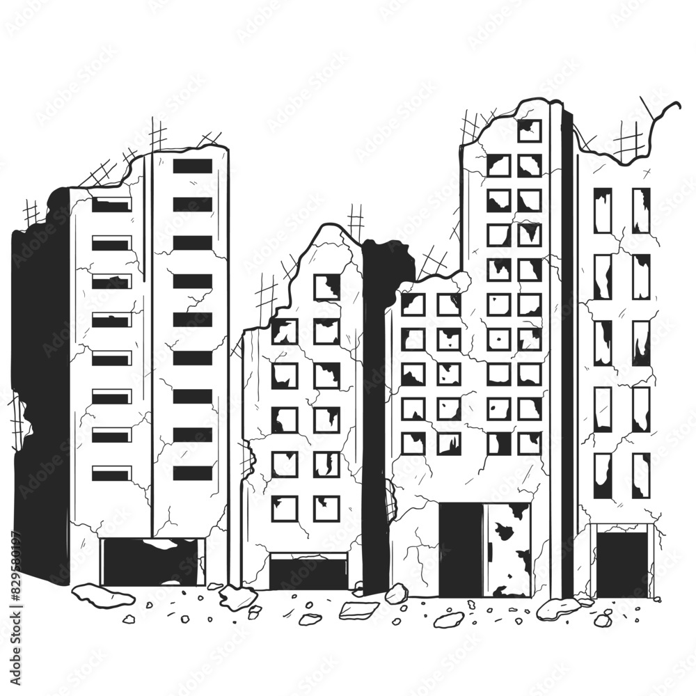 Fototapeta premium Destroyed buildings black and white