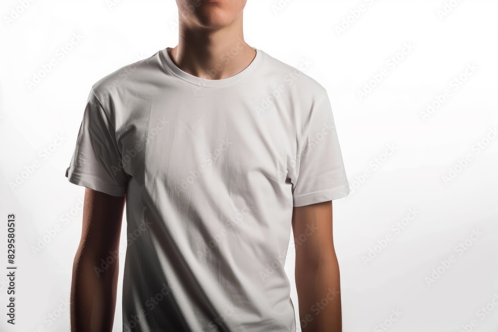 A young man in a white t shirt on a white background.