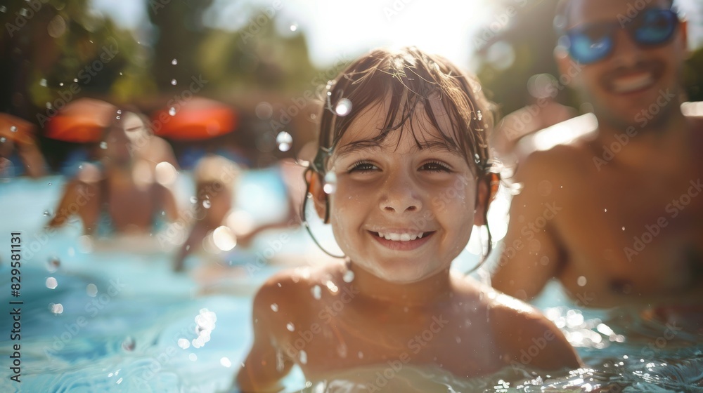 Fun family water park day, kids playing in splash zone, parents relaxing. Children splashing in a colorful water play area, parents enjoying shade.