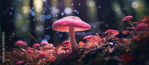 A vibrant pink mushroom stands out by itself in the forest creating a captivating copy space image photo