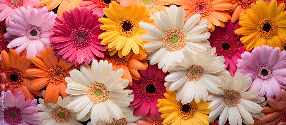 A colorful collage of gerbera flowers in shades of orange pink yellow and white set against a blank copy space image A colorful collage of gerbera flowers in shades of orange pink yellow and white set against a blank copy space image