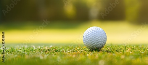A white golf ball rests on a yellow tee placed on a lush green lawn at the beginning of a competition with copy space image