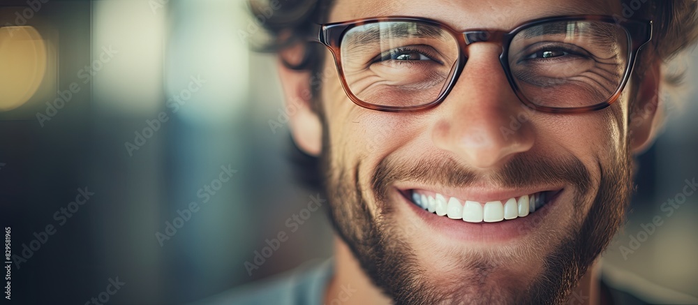 An appealing man in spectacles smiles in a close up portrait with a copy space image