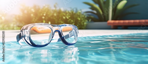Swimming goggles resting by the pool s edge on a sunny day with a clear view of the water ideal for a refreshing swim all against a peaceful background with copy space image photo