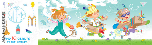 Children constructed airplanes from boxes, sticks, pinwheels, balls and PET bottles. Fun game. Vector illustration. Find 10 objects in the picture. Funny cartoon characters.Print