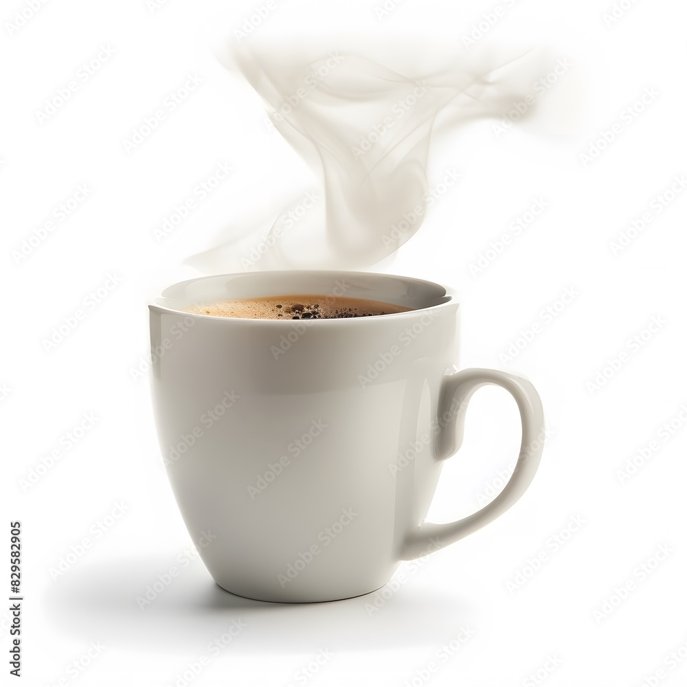 A steaming cup of coffee in a white mug isolated on a white background
