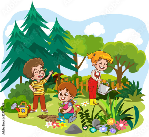 Happy cute little children are planting flowers with their parents.children are helping their parents with gardening