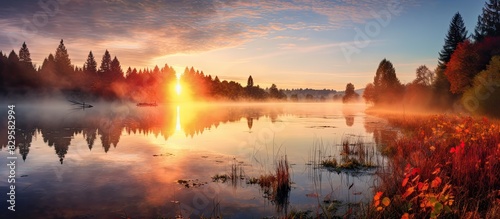 Beautiful Autumn Fall lakeside sunrise misty morning vibrant landscape image. Copy space image. Place for adding text and design photo