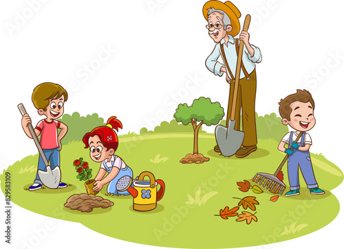 Happy cute little children are planting flowers with their parents.children are helping their parents with gardening