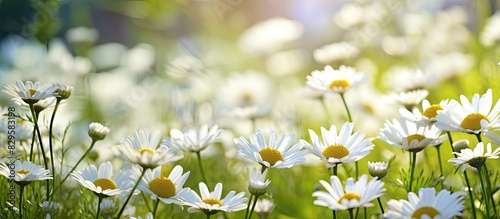 A picturesque garden filled with blooming chamomile flowers creating a serene summer backdrop with selective focus on a copy space image photo