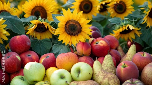 A colorful array of organic apples pears and peaches from the orchard surrounded by blooming sunflowers.