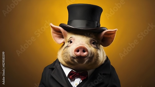 Pig with top hat and cigar against yellow background