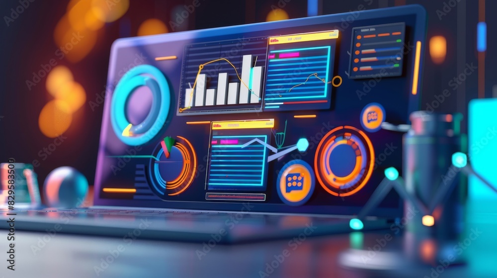 Fototapeta premium 3D Visualization, SEO Optimization, Web Analytics & Marketing. Modern and visually appealing illustration for digital marketing.