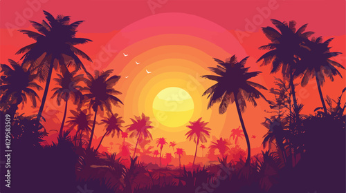 Background with silhouette of palm trees and tropical