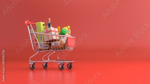 3d rendering shopping cart with different products isolated on flat background.