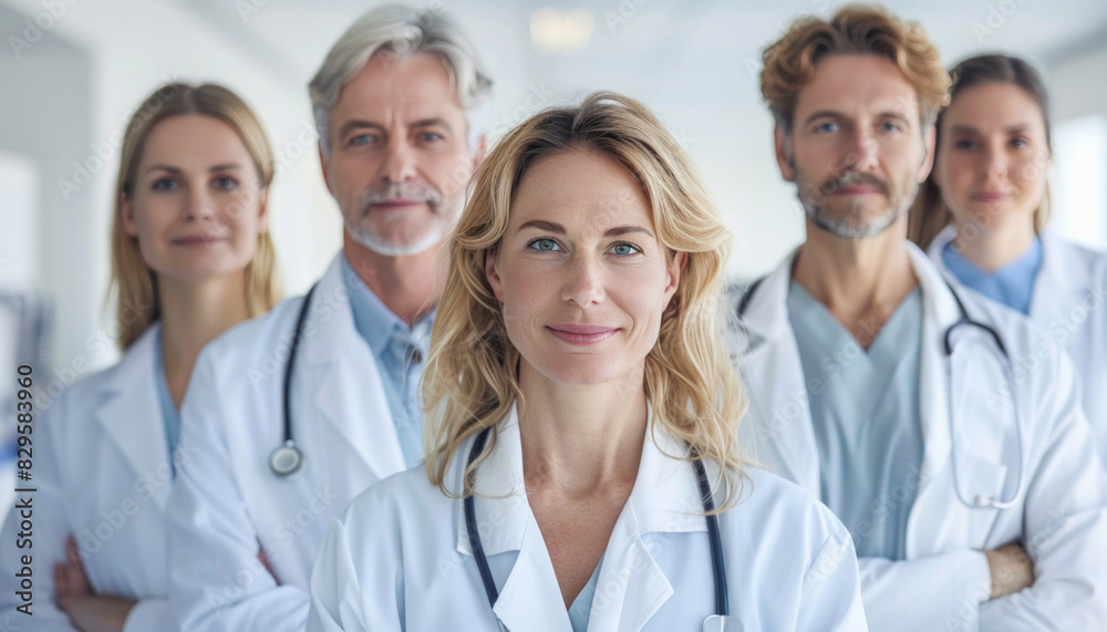 A group of doctors are taking a photo together in a hospital, smiling and posing A group of doctors are taking a photo together in a hospital, smiling and posing