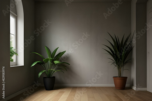 An empty livingroom with plants windows carpet Augmented reality mockup pattern frame