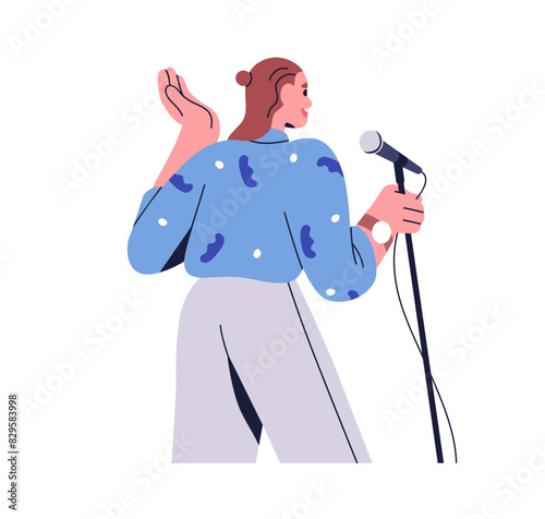 Female comedian with microphone at open mic comedy show. Back view, young woman performing standup, speaking at mike. Comic artist in live event. Flat vector illustration isolated on white background