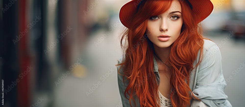Fototapeta premium Hipster girl with vibrant red hair wearing a stylish hat posing in an urban setting with a fashion forward look ideal for a copy space image