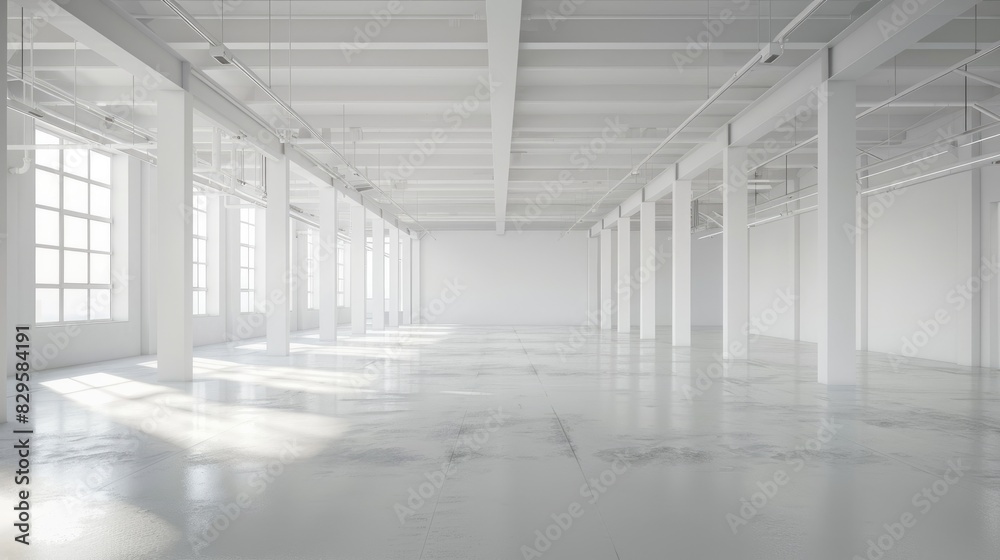 Empty white warehouse interior with clean, open space and a pristine white background, emphasizing the vast, uncluttered area Empty white warehouse interior with clean, open space and a pristine white background, emphasizing the vast, uncluttered area