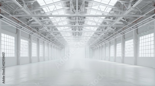 Empty white warehouse interior with clean  open space and a pristine white background  emphasizing the vast  uncluttered area