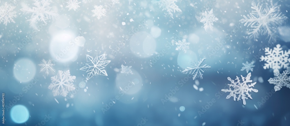 Winter snow background abstract bokeh Snowflake Close Up Free space for text Christmas New Year. Copy space image. Place for adding text and design