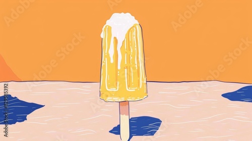 Design a flat minimalstyle 3D illustration of a melting stick ice cream on a subtle background photo