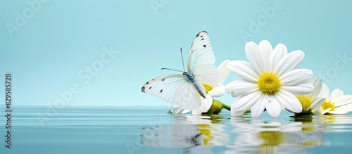 Closeup of a Bath white butterfly Pontia daplidice with a fly perched on a white flower in a copy space image photo