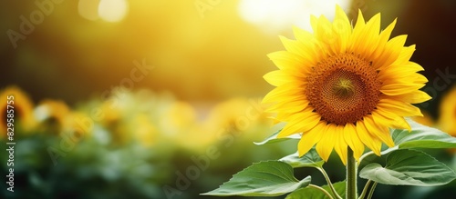 Gorgeous vibrant yellow sunflower blooming in garden with copy space image