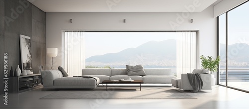 Gray and white living room with sofa table balcony and projector screen panorama. Copy space image. Place for adding text and design