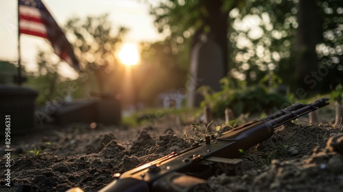 Wallpaper Mural Upright rifle in dirt, representing a minimalist Memorial Day tribute close up, reflective homage, dynamic, blend mode with a war memorial backdrop Torontodigital.ca