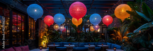 Ceiling chandeliers with bright colored light,
balloons in the market photo