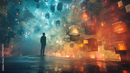 A surreal depiction of a presenter standing amidst a sea of floating data cubes and virtual charts, representing the vast amount of information that can be conveyed through immersive 3D presentations. photo