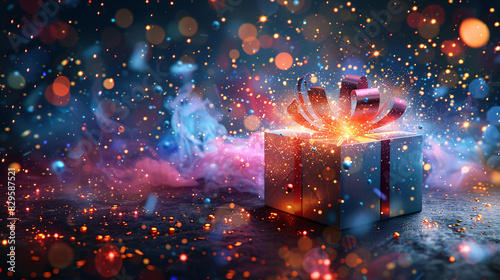An artistic interpretation of a gift box bursting open with rays of light and colorful particles, symbolizing the joy and surprise that comes with receiving a thoughtful present. photo