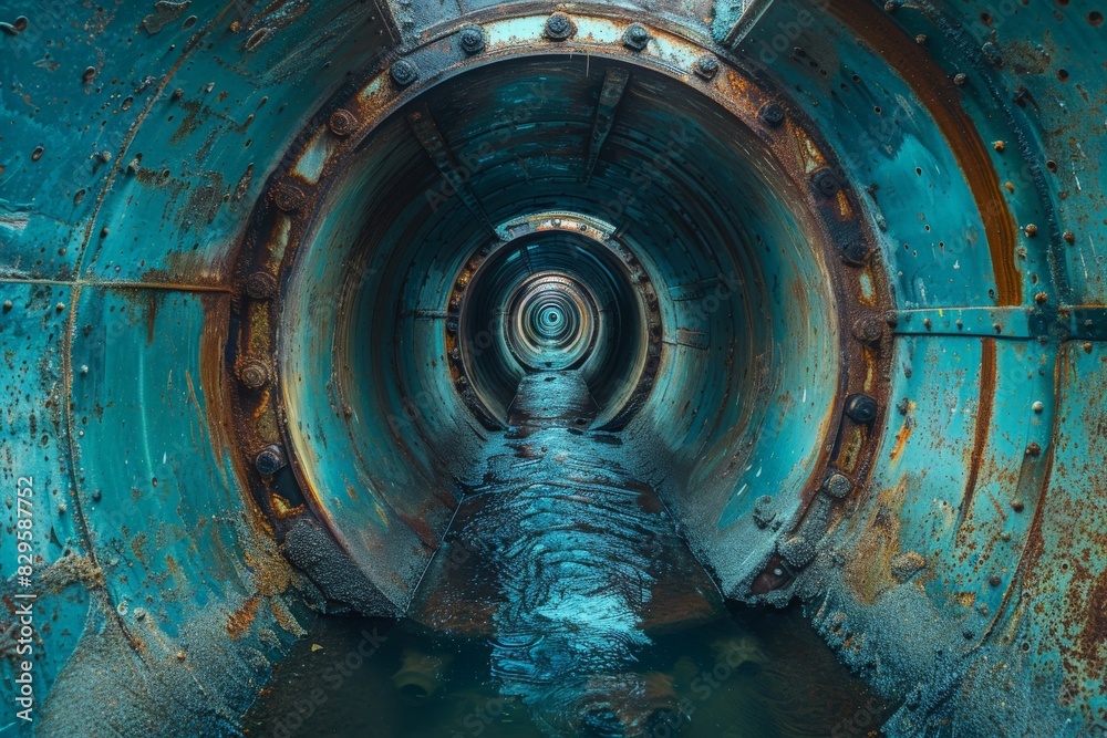 An old, rust-covered industrial tunnel with standing water in it conveying a sense of abandonment
